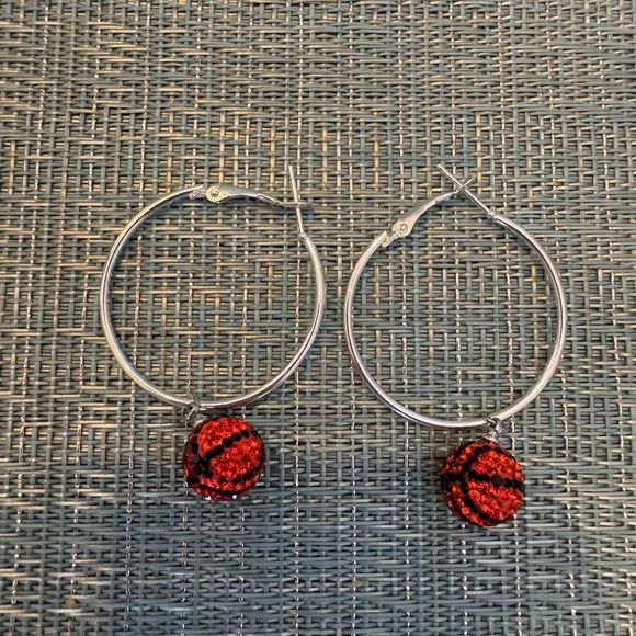 Rhinestone Basketball Silver Hoop Earrings New - Picture 3 of 4